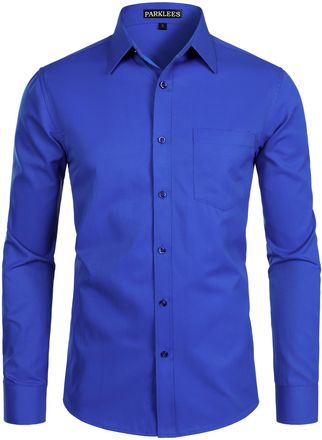 PARKLEES Mens Long Sleeve Dress Shirt Solid Slim Fit Casual Business Formal Button Up Shirts with Pocket Royal Blue 2XL