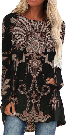Generic Womens long tunic - long sleeve t-shirt, womens top, ethnic print, fashion, casual, round-neck, plus-size, versatile, elegant loose fitted flowing shi