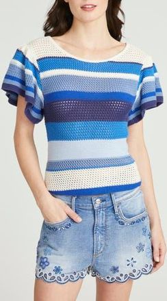 Free People Stripe Short Sleeve Cotton Crop Sweater in Blue Multi at Nordstrom Rack, Size X-Small