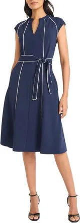 Maggy London Contrast Piped Belted Midi Dress in Navy Blazer at Nordstrom, Size 12