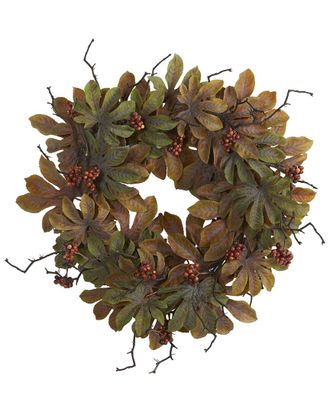 Nearly Natural 24In Fatsia With Berries Autumn Artificial Wreath