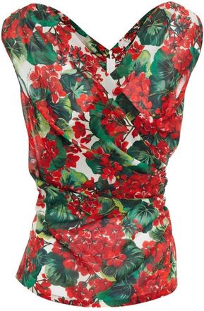 Dolce & Gabbana Red Geranium Printed Draped Chiffon Top Size L