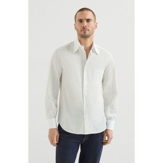 Brunello Cucinelli Striped cotton and silk shirt with contrast Italian collar and cuffs in White at Nordstrom, Size Xxx-Large