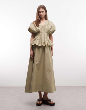 Asos Vestito lungo a peplo con scollo a V e vita stretta color pietra-Verde