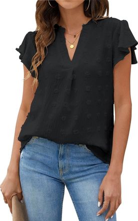 Blooming Jelly Womens White T-Shirts Chiffon Blouse V Neck Ruffle Sleeve Summer Tops