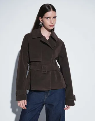 Abercrombie & Fitch trench corto in camoscio sintetico con cintura, marrone scuro