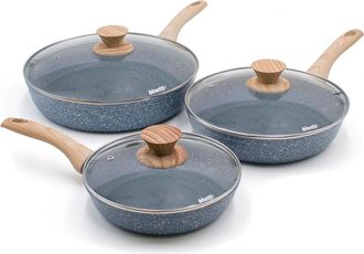 Bisetti Set of 6 pieces, pan ø 20, 24, 28 cm with lids Pierre Gourmet natural wood design handles