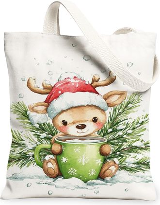 Generic Christmas Reindeer Canvas Tote Bags, Adorable Animal Pattern Reusable Grocery Bags, Lightweight Washable Shoulder Strap Can, White, 13x15 Inch