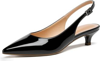 EDEFS Black Patent Slingback Heels for Women 1.5 Inch Low Kitten Heel Pointed Toe Court Shoes for Work Office and Evening Wear UK2