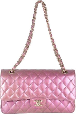 Chanel Pink Leather Iridescent Quilted Medium Classic Double Flap Bag (Authentic Pre-Loved)