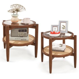 Costway 2-Tier Round Side End Table PE Rattan Coffee Table Set of 2-Brown