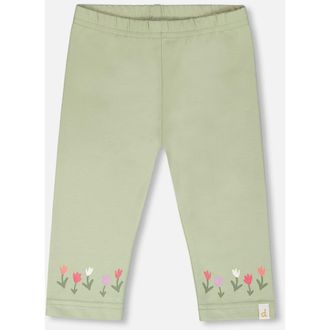 Deux par Deux Organic Cotton Jersey Slim Fit Floral Capri in Light Khaki Green at Nordstrom, Size 18M