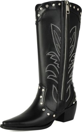 Generic Womens Chunky Heel Western Cowboy Boots Pointed Toe Country Boot with Studded PU Leather Mid-Calf Boots with Side Zipper,Black,3.5 UK