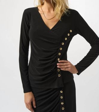Joseph Ribkoff Faux Wrap V-Neck Long Sleeves Fitted Top In Black