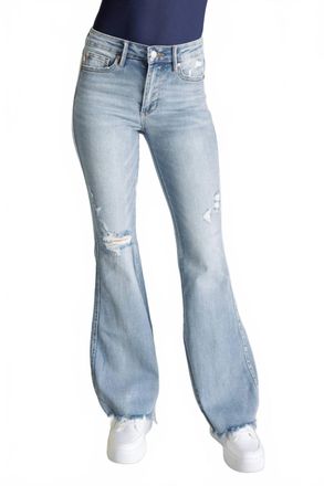 Judy Blue Mid Rise Control Top Distressed Flare Jeans In Light Wash