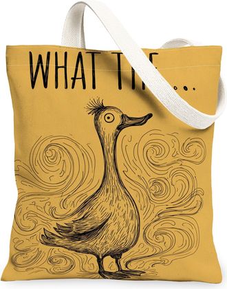 Generic Funny Duck Canvas Tote Bags, Quirky Animal Design Reusable Grocery Bags, Summer Lightweight Washable Shoulder Strap Canvas, Yellow, 13x15 Inch