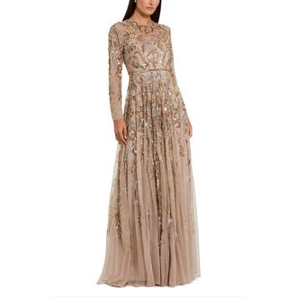 Mac Duggal Long Sleeve Hand Embellished Gown in Mocha Gold at Nordstrom, Size 14