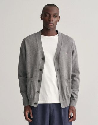 GANT Mens Classic Cotton V-Neck Cardigan - Grey - Size: 36