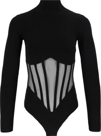 Elisabetta Franchi Black Long-Sleeve Mesh Panel Bodysuit