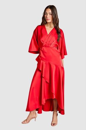 Coast Satin Back Crepe Ruffle Wrap Midi Dress in Flame Red at Nordstrom, Size 10