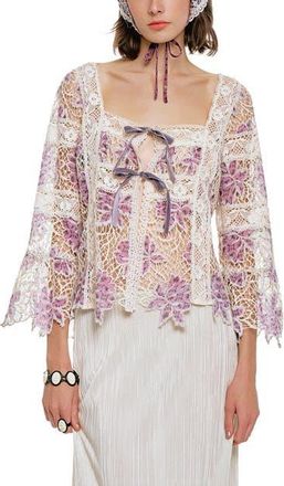 Anna Sui Medallion Floral Lace Tie Blouse in Mauve/cream at Nordstrom, Size X-Small