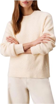Calvin Klein Boucle Ribbed Sweater Modern Stijl - Dames - Ronde hals truien - Beige - 2XS - Katoen - Truien & Vesten