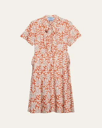 Prada Floral-Print Pleated Pong&eacute; Dress