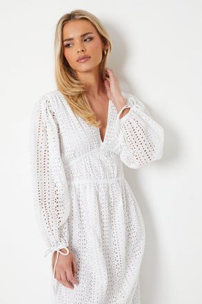 Oasis Womens Petite Broderie Tie Front Puff Sleeve Midi Dress - White Cotton - Size 12 UK