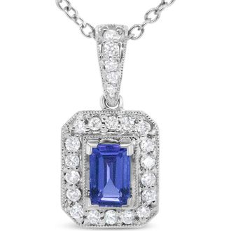 House of Brilliance 18K White Gold 1/4 Cttw Diamond and 6x4mm Purple Tanzanite Halo Pendant Necklace at Nordstrom