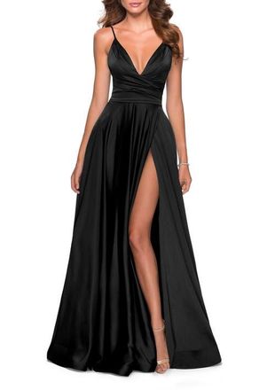 La Femme Long Satin Dress with Side Slit and V Shaped Back in Black at Nordstrom, Size 20