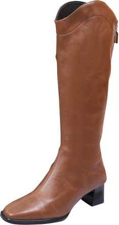 Generic Knee High Boots Women Faux Leather Stylish Long Booties Solid Coloe Chunky Heel Back Zipper Comfortable Casual Riding Boots Party Leisure