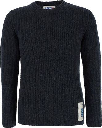 Autry Grey Crewneck Sweater With Logo Patch In Ribbed Wool Man