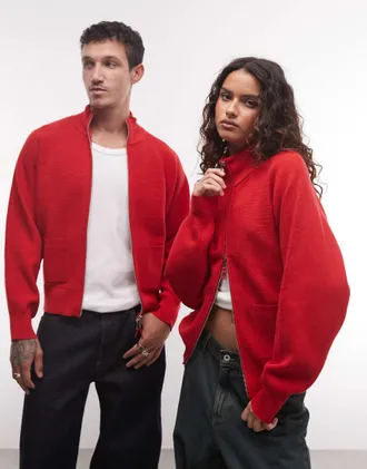 Reclaimed Vintage cardigan unisex in maglia fine con collo a imbuto e zip, rosso