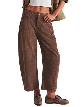 Generic Womens Corduroy Pants Barrel Mid-Rise Elastic Waist Cord Pants, Casual Baggy Comfy Wide Leg Corduroy Pants with Pockets (Brown,L)