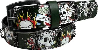 Ed Hardy Mens Skull Tattoo Print with Chain Studs 38mm Belt, Olive, 36
