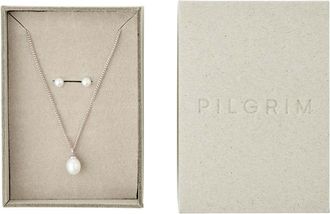 Pilgrim Evena - Set regalo con collana e orecchini a bottone placcati argento-Bianco