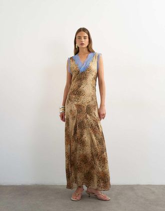 Topshop Vestito da giorno lungo in viscosa con inserti in pizzo blu a contrasto, pinces e stampa animalier-Multicolore