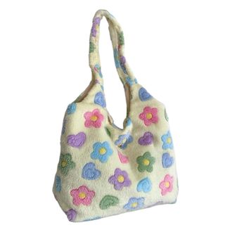 Generic Womens Plush Bags Women Cute Furry Hobo Bag Flower Pattern Versatile Shopping Large Capacity Casual Tote Handbag Soft Female Travel(Beige)