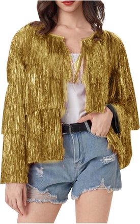 Generic Womens Sequin Tassel Jacket Cropped Festival Outfit Womens Glitter Long Sleeves Fringe Jackets Ladies Sparkly Open Front Multilayer Coats Loose Casual