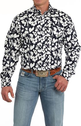 Cinch Mens Long Sleeve Twill Print Shirt In Black