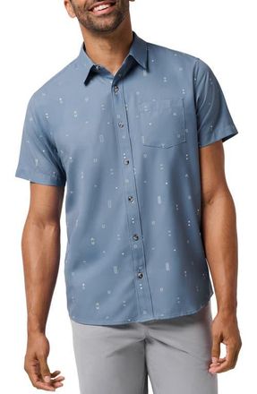 Travis Mathew Techwoven Waves Geo Print Short Sleeve Performance Button-Up Shirt in Blue Horizon at Nordstrom, Size Xx-Large