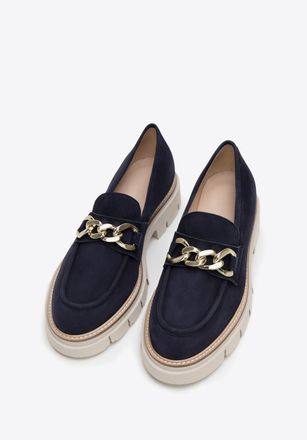 Wittchen Dames Su&egrave;de Loafers met Ketting op Platform Marineblauw Su&egrave;de Leer