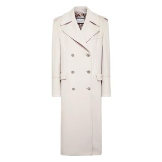 Philipp Plein Jassen, Dames, Beige, L, Wol, Lange Jas van Wol met Kristallen Schedel
