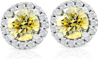 Pompeii3 1/2 Ct Halo Fancy Canary Yellow Lab Grown Diamond Studs 10k White Gold Earrings