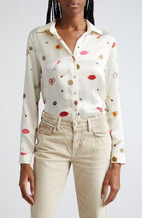 L'agence Tyler Long Sleeve Silk Button-Up Shirt in Champagne Multi Heart Jewel at Nordstrom, Size X-Small