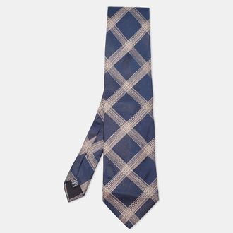 HUGO BOSS Boss By Hugo Boss Navy Blue Checked Silk Satin Tie