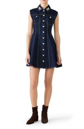 Steve Madden Carmelia Faux Pearl & Rhinestone Detail Denim Minidress in Bijou Blue at Nordstrom, Size 14
