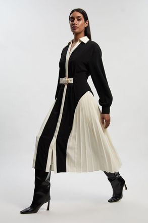 Karen Millen Womens Tailored Crepe Colour Block Belted Pleated Midi Dress - Monochrome Multi - Size 10 UK
