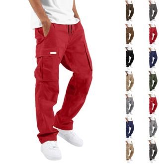 Generic Mens Cargo Trousers Multi Pockets Classic Jogging Bottom Straight Leg Druable Work Trousers Stretchy Drawstring Solid Color Cargo Sweatpants Street Le