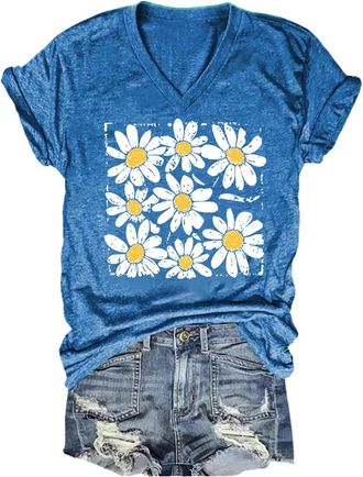 Generic Womens Summer Short Sleeve Tops Casual Loose V Neck T Shirts Wild Flower Graphic Tee (Z02-Blue, XXXL)